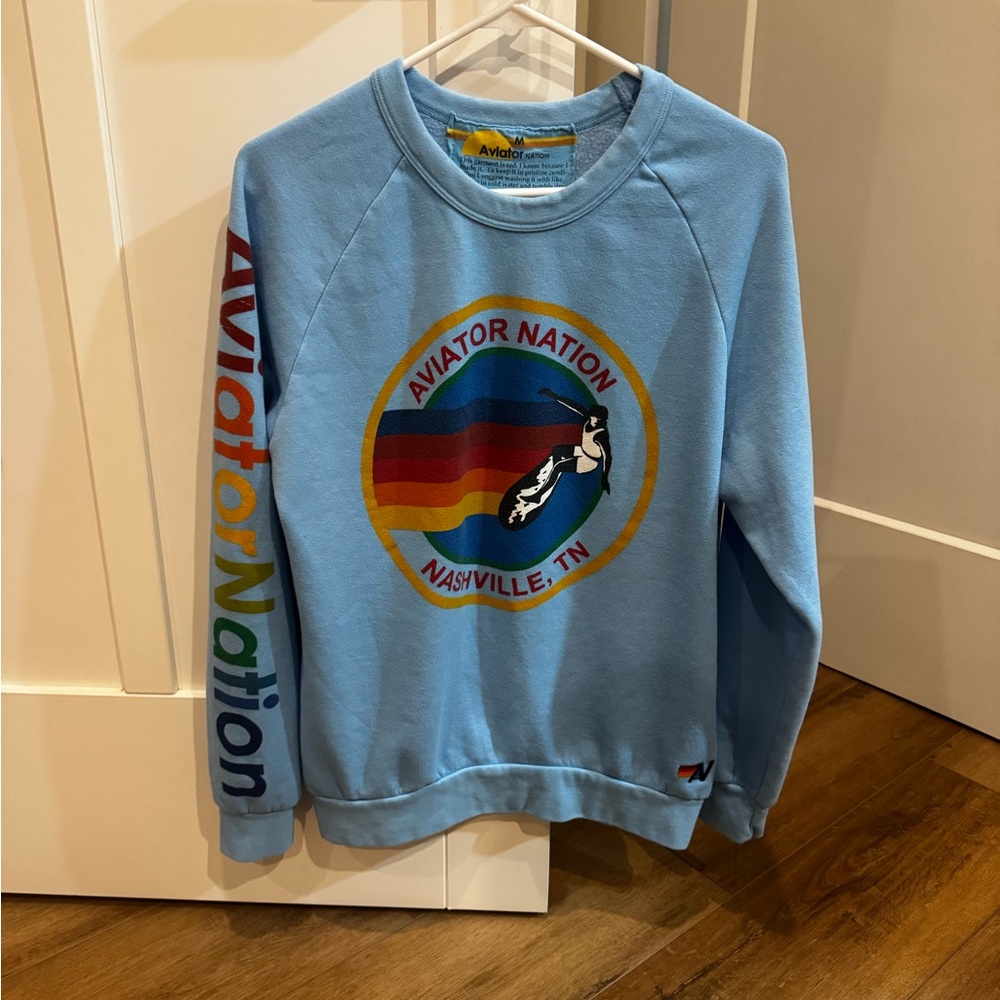 Aviator Nation Light Blue Nashville Crewneck with Multicolor Logo